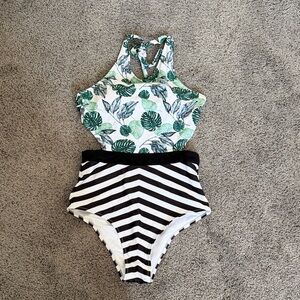 One-Piece Swimsuit with Green Leaf Top & Black-White Striped Bottom